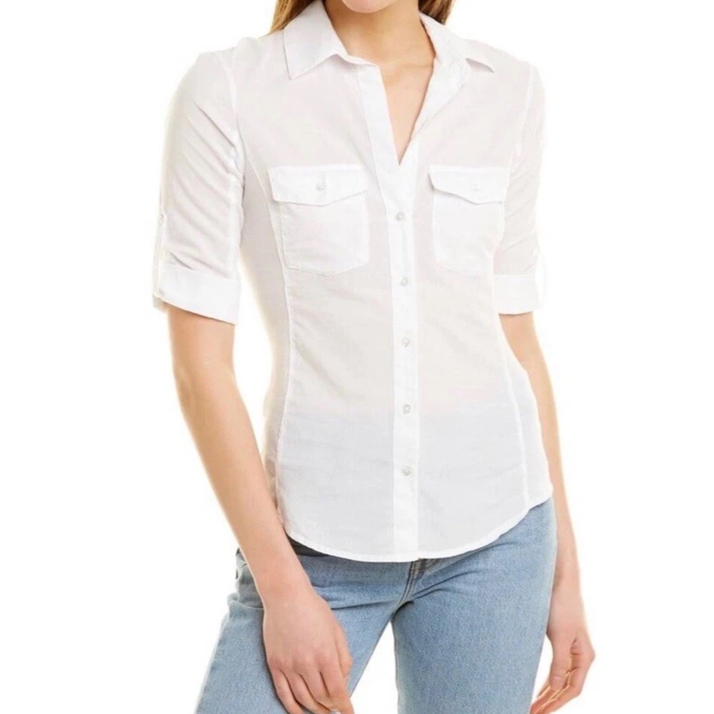 James Perse Standard White Cotton Button Front Shirt Ribbed Panel Size 2 Medium